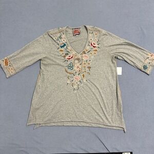 JOHNNY WAS Embroidered floral V Neck 3/4 tunic top. Grey. Women's large. Cotton.
